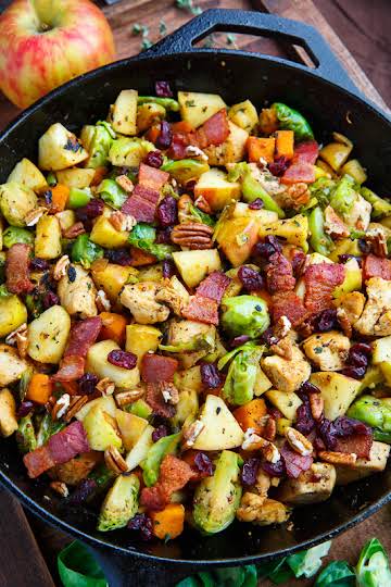 Harvest Skillet Chicken with Apples, Brussels Sprouts and Sweet Potatoes Recipe