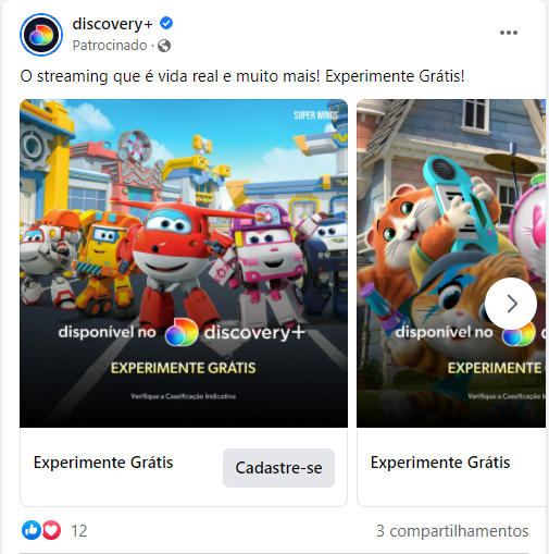 Anúncio do Discovery+ no Facebook.