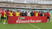 The Libya and SA players pose for a group photo ahead of their Africa Cup of Nations qualifier in Durban in September 2018.   