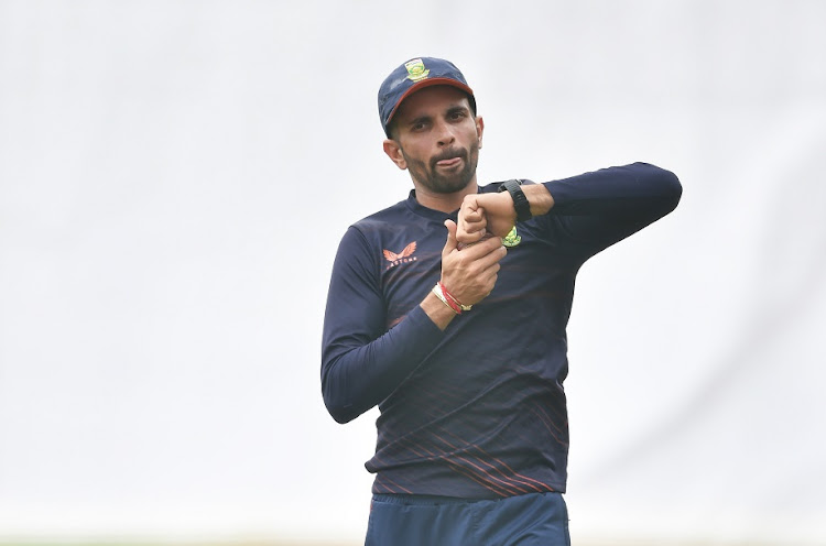 Keshav Maharaj bowls during a net session at Old Trafford in Manchester.