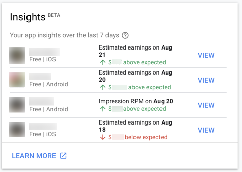 Exemplo de insights no painel inicial da interface da AdMob.