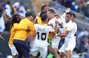 Yusuf Maart of Kaizer Chiefs celebrates his superb strike with teammates during the DStv Premiership Soweto derby against Orlando Pirates at FNB Stadium on October 29 2022.