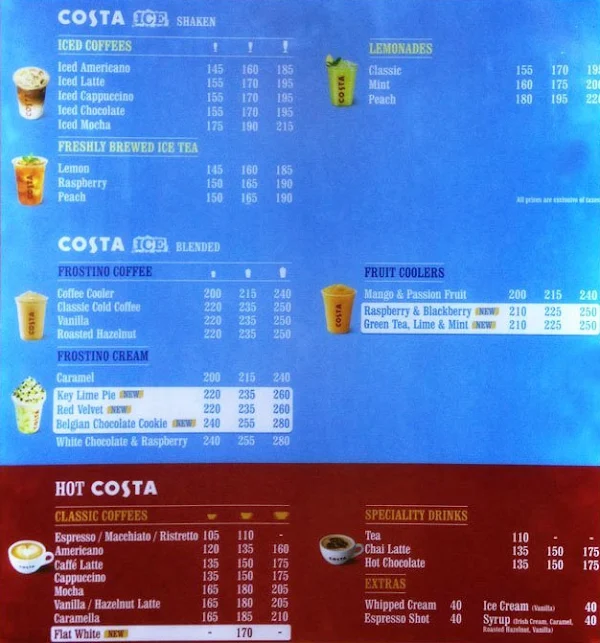 Costa Coffee menu 