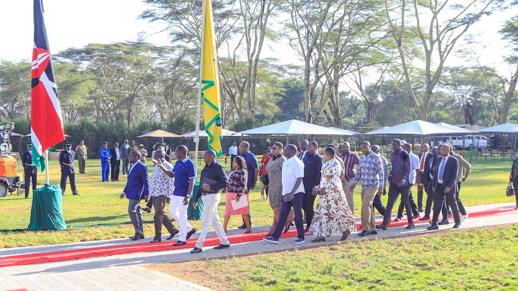 President William Ruto and Deputy President Rigathi Gachagua arriving at the joint National Executive Retreat and Parliamentary Group consultative meeting in Naivasha, Nakuru, on February 19, 2024