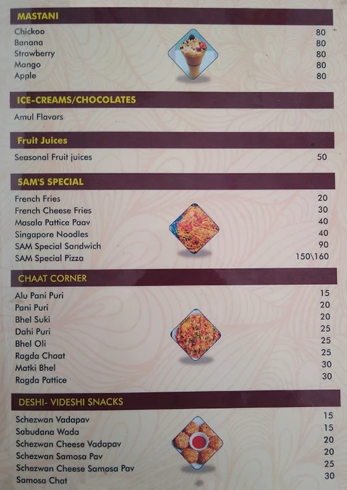 Sam's Cafe menu 