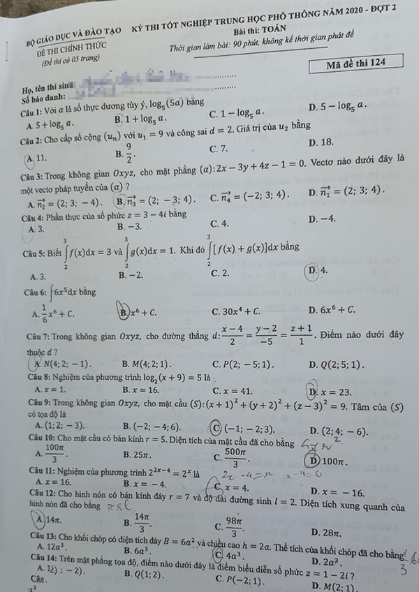 đề thi thptqg môn toán 2020 đợt 2
