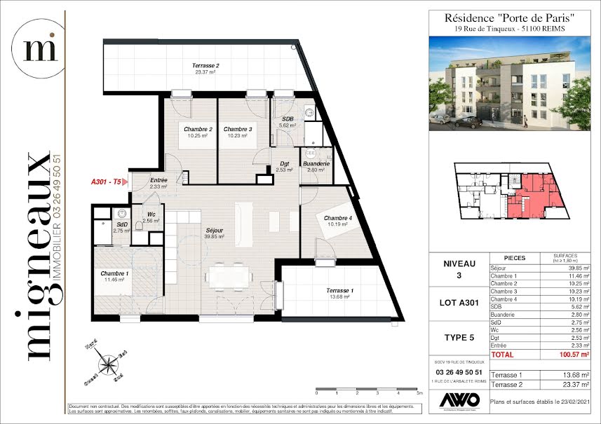 Vente appartement 5 pièces 115.36 m² à Reims (51100), 490 000 €