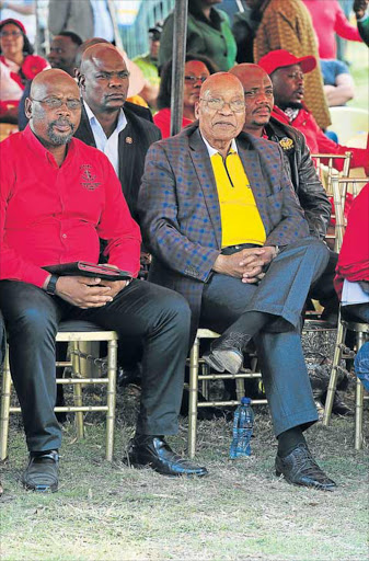 NOT WELCOME: Cosatu president S’dumo Dlamini and President Jacob Zuma at the Cosatu May Day rally in Bloemfontein in the Free State. TOP RIGHT: Police on duty at the rally Pictures: VELI NHLAPO