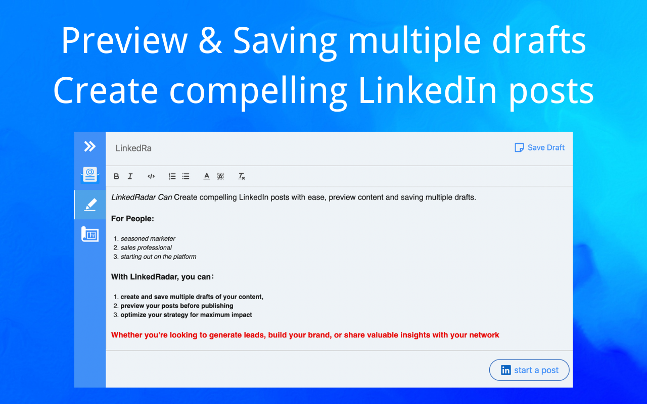 LinkedRadar – LinkedIn Post Draft Editor Preview image 1