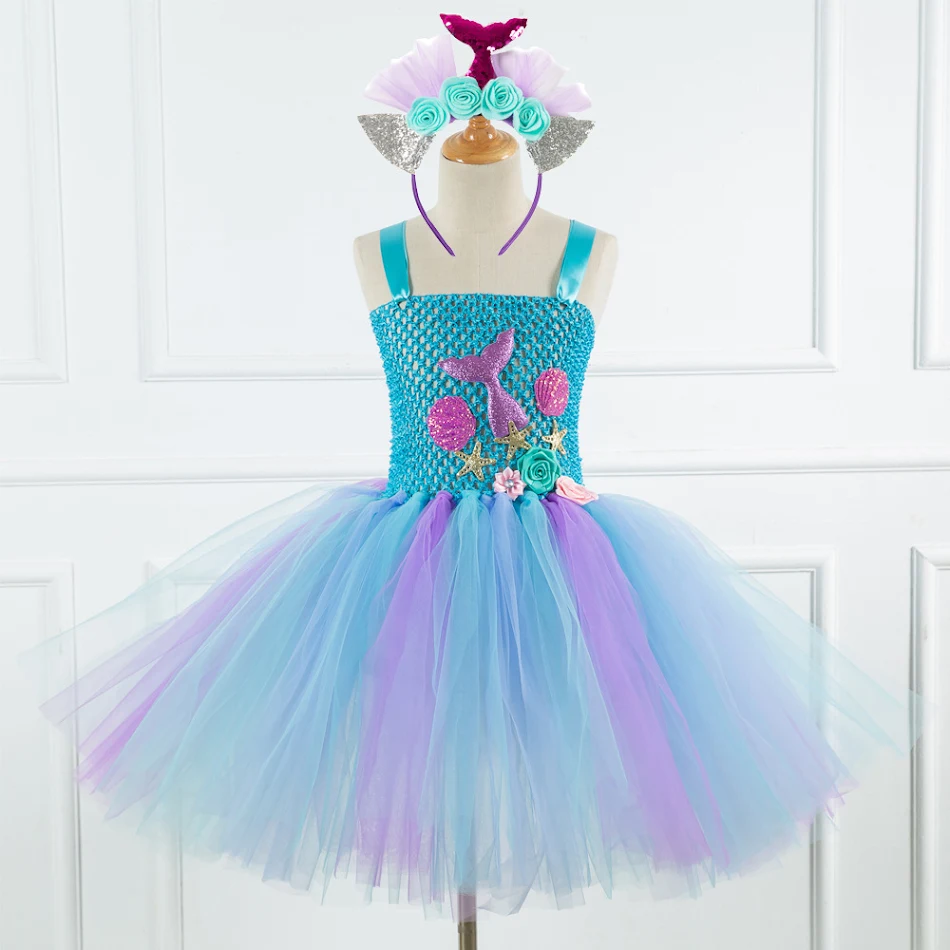 Vestido Princesa Sereia para Meninas com Rede de Tule, Perfeito para Festas e Fantasias, Leve e Confortável, Ideal para Presentear.