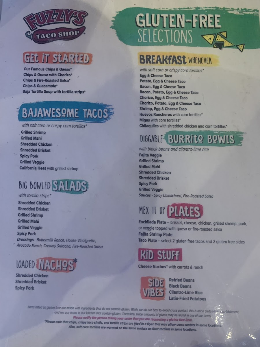 Fuzzy's Taco Shop gluten-free menu