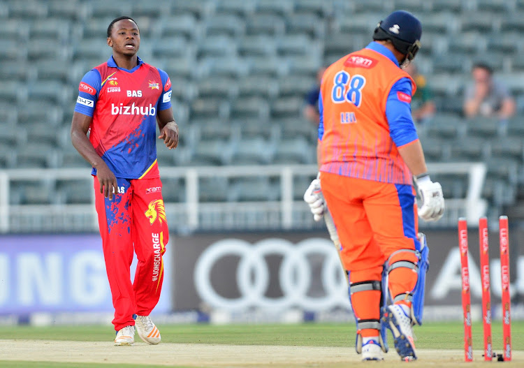 Kagiso Rabada of the Lions took the wicket of Richard Levi of the Cobras during the 2017 T20 Ram Slam match between Bizhub Highveld Lions and Cape Cobras at Bidvest Wanderers Stadium, Johannesburg on 17 November 2017.