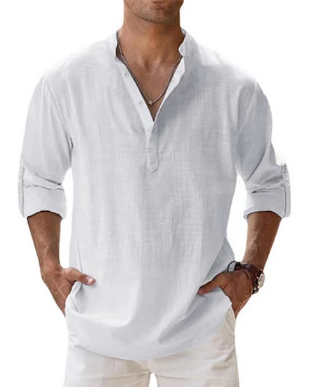 New Men's Cotton T Shirts Linen Casual Long Sleeve Button... - 1