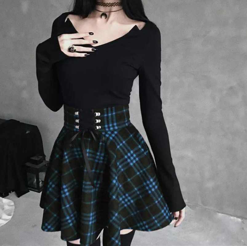 Falda a cuadros asimétrica para mujer con cinta en la cintura, adelgazante y de corte amplio, perfecta para un look elegante y favorecedor.