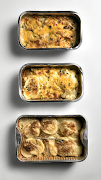 From top to bottom: Potato bakes from Pick n Pay, SPAR and Woolworths.