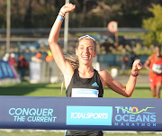 Gerda Steyn wins the Two Oceans Ultra Marathon in a new record time of 3 hr 29 min 42 sec at the finish at UCT Rugby Fields in Cape Town on April 17 2022.