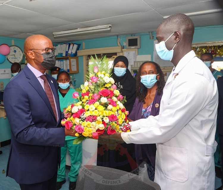 Chief of Defence Forces General Francis Ogolla when he visited Kenya Defence Forces troops and families undergoing medical care at Defence Forces Memorial Hospital and Defence Forces Wellness Centre in Nairobi on December 26, 2023.