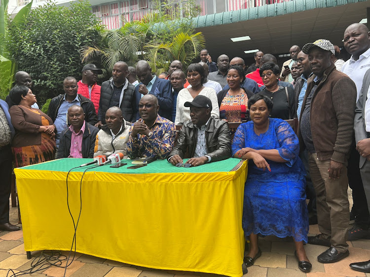 Nairobi Azimio MCAs holding a press briefing at the county assembly on June 26, 2023