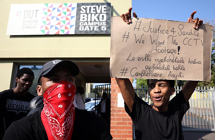 Students at the Durban University of Technology protesting outside the campus on Monday. They are demanding footage of an incident in which a student, Sandile Ndlovu, was stabbed.