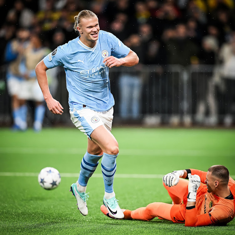 Manchester City striker Erling Haaland celebrates after scoring against Young Boys