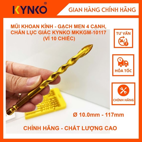 Mũi Khoan Kính - Gạch Men 4 Cạnh, Chân Lục Giác Kynko Đường Kính Phi Ø 10 Dài 117Mm Mkkgm - 10117 (Vỉ 10 Chiếc)