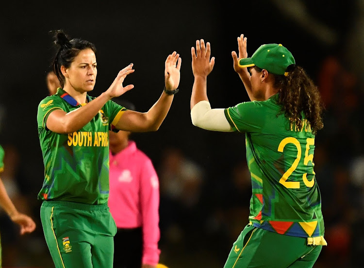 Marizanne Kapp of South Africa celebrates the wicket of Georgia Plimmer of New Zealand during the ICC Women's T20 World Cup match at Boland Park on February 13 2023. Picture: Ashley Vlotman/Gallo Images