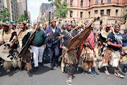 Group of Amabutho, gathered outside Pretoria High Court pledging support to King Misuzulu Zulu. 