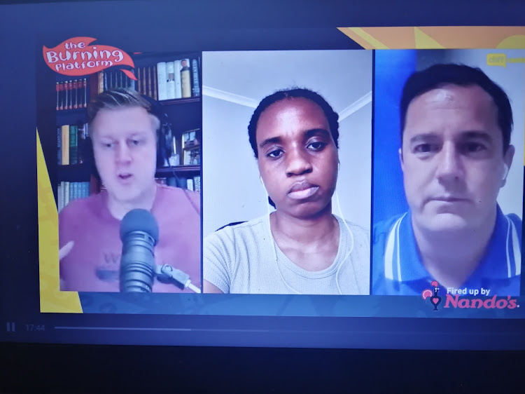 Gareth Cliff, Mudzuli Rakhivhane and John Steenhuisen on 'The Burning Platform' on Thursday.