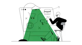 Illustration d’une homme assis devant une esquisse de plan maketing