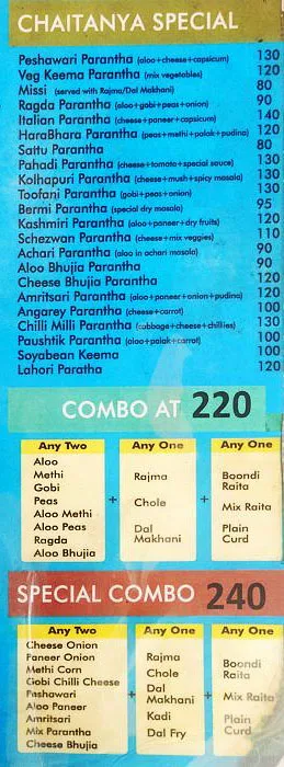 Chaitanya Paranthas menu 