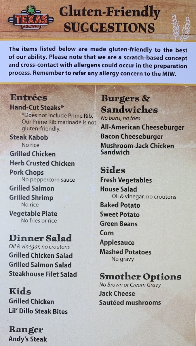 Texas Roadhouse gluten-free menu