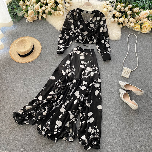 Title 2, Printed Short Chiffon Shirt with Split Half Ski...