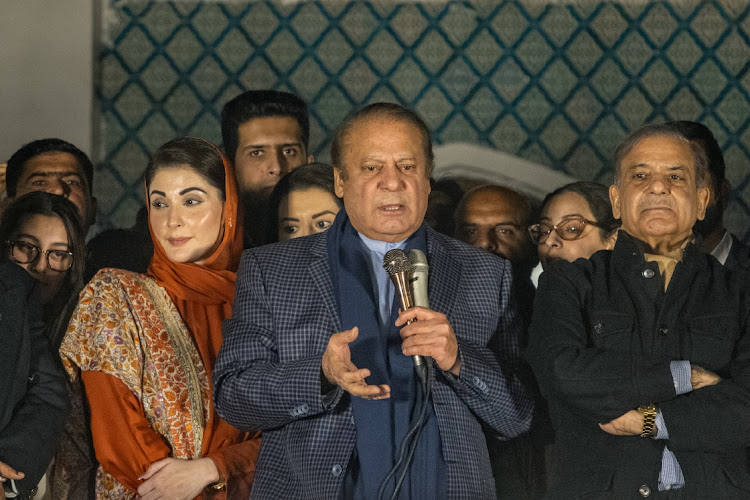 Former prime minister of Pakistan, Nawaz Sharif, addresses supporters in Lahore, Pakistan, February 9 2024. Picture: ELKE SCHOLEIRS/GETTY IMAGES