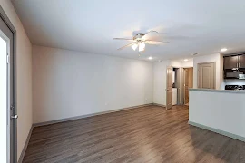 Living room with dark wood floors, ceiling fan, grey trim, patio door, cream walls, flowing into kitchen with dark cabinets 