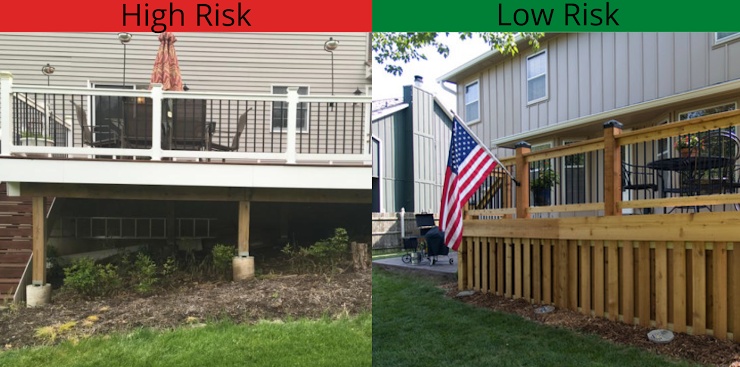 The space under decks is susceptible to debris build up that is easily ignitable. A fire that starts under a deck or is able to carry under a deck, provides direct access to the entire home. By enclosing your decks, embers will not be able to get under and ignite the debris. 