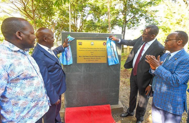 Kisumu Deputy Governor Matthews Owili during the opening of Sh100 million renovated Jamhuri garden recreational park on Tuesday.