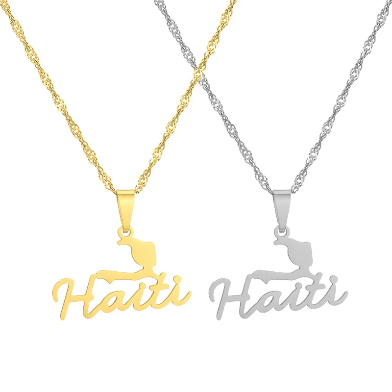 Haitianische Karte Anhänger Halskette Gold Glänzend Geometrisch für stilvollen Ausdruck. Zeige deine Herkunft mit diesem Schmuckstück.