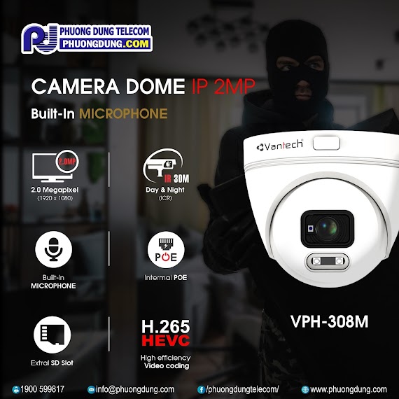 Camera Ip Dome Hồng Ngoại 2.0 Megapixel Vantech Vph - 308M - Hàng Chính Hãng