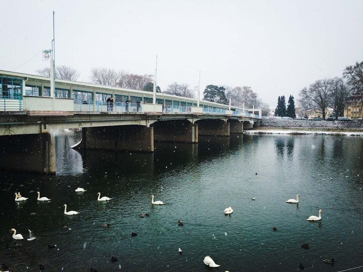 Colonade Bridge in winter, PIešťany, Slovakia