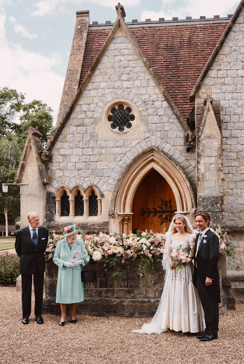 Princess Beatrice and her husband, Edoardo Mapelli Mozzi, with the bride's grandparents, Queen Elizabeth II and Prince Philip, on their wedding day on July 17 2020 in Windsor, England.