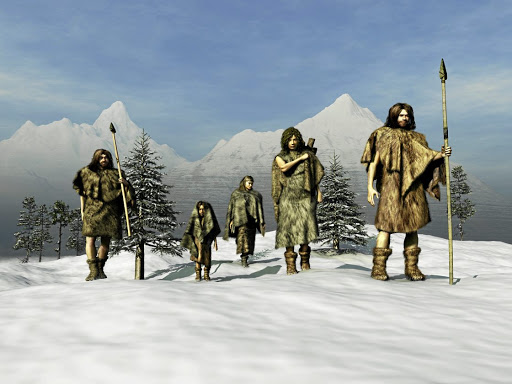 An artist's impression of ice age people in furs and skins.