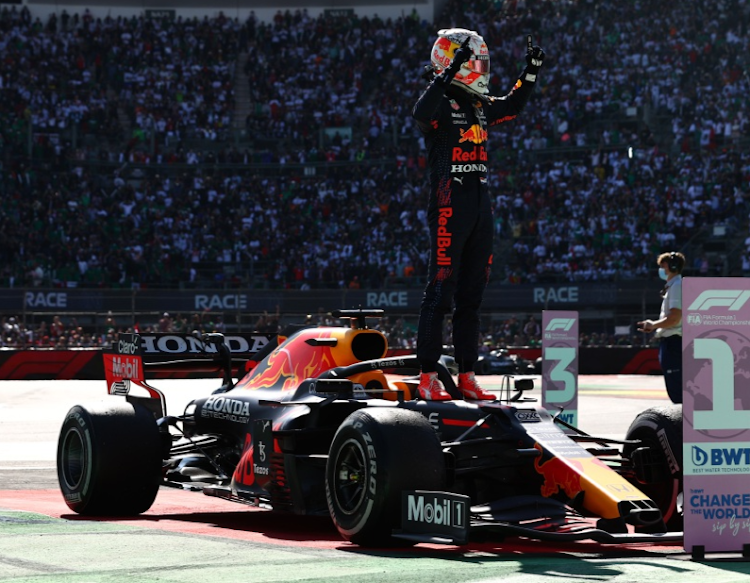 Max Verstappen celebrates at the Autodromo Hermanos Rodriguez in Mexico City on Sunday. Picture: MARK THOMPSON/GETTY IMAGES