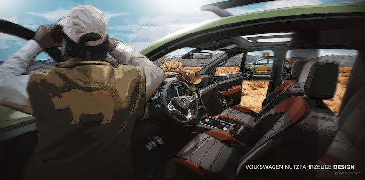 The interior sketch reveals a modern cabin with a tablet-sized centre touch screen and a digital instrument cluster. Picture: SUPPLIED