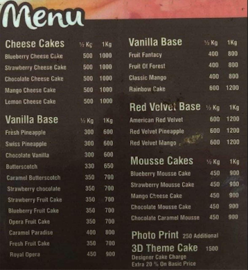 Cake Corner menu 