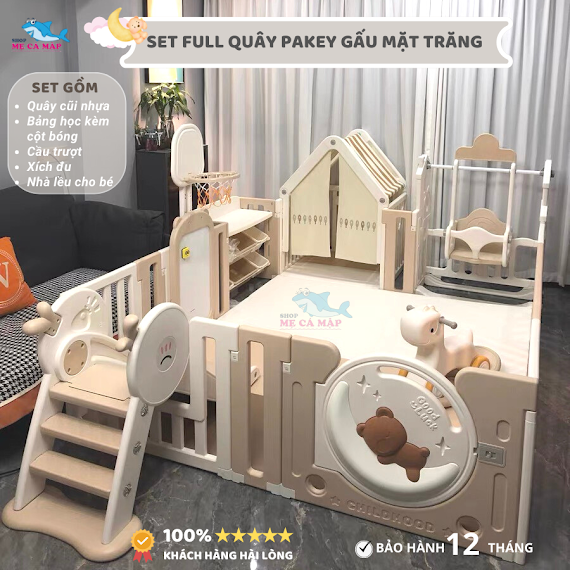 Quây Cũi Nhựa Set Full Vip 2023 Gấu Mặt Trăng - Kèm Cầu Trượt - Xích Đu - Nhà Lều, Quây Nhựa Dày Dặn Bảo Hành 1 Năm