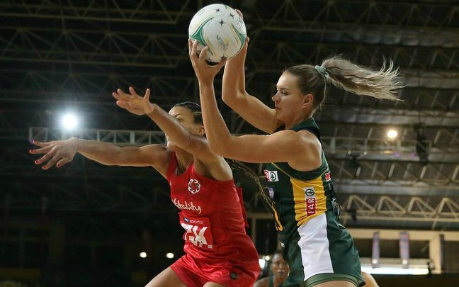 Proteas Netball goal Lenize Potgieter fights for the ball with England Roses goalkeeper Stacey Francis during their Spar Challenge International Test Series match at the Bellville Velodrome in Cape Town.