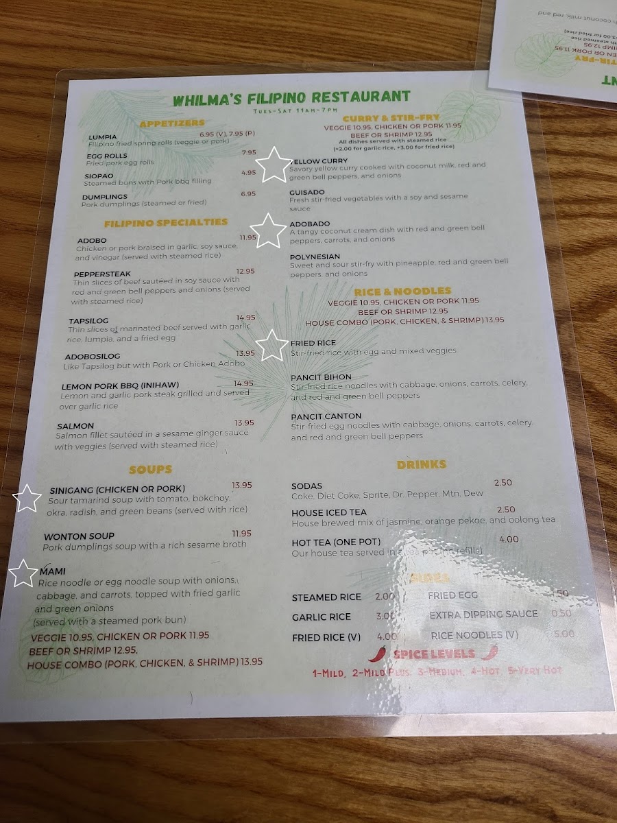 Menu, gluten free options starred