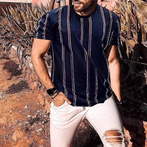 Men'S O-Neck Striped Short Sleeve T-Shirts Slim Fit Streetwear Pullover Summer