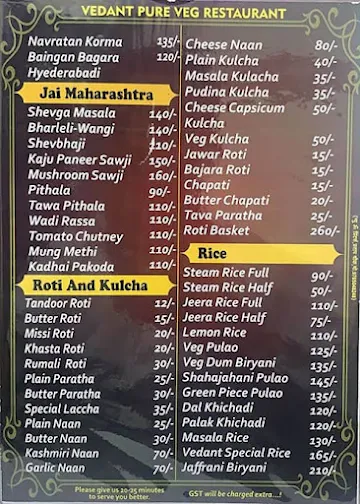 Hotel Vedant menu 