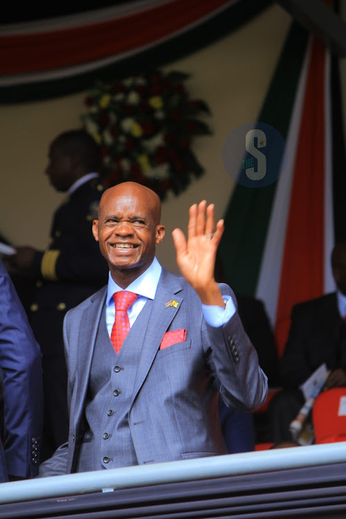 Embus Senator Alexander Mundigiwaves during the madaraka celebrations in Embu on June 1, 2023.